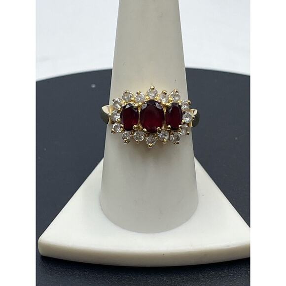 Vintage Vermeil Sterling Triple Oval Garnet Trilogy Engagement Ring Cz Diamond - Picture 1 of 11